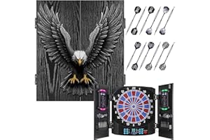 Yirinatek Jeu de Flechette Electronique, [12*Bronze Fléchettes] Cible Flechette Electronique, Armoire à Portes en Bois Rustique, Affichage LED 8 Couleurs, Jeux Flechette