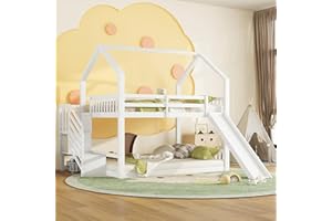 Ctastay Letto per Bambini Letto a Castello 140x200 con Scaletta e Scivolo e Contenitore, Letto Matrimoniale Letto per Ragazzi e Ragazze in legno con Rete e Contenitore per Scale, Pino, Bianco