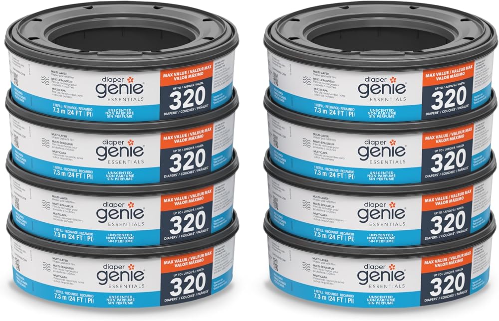 Diaper Genie Essentials Yuvarlak Yedek 8'li Paket | 2560'a Kadar Yenidoğan Bezi Tutar | Kokusuz Sürekli Film İçerir | Bebek Bezi Genie Komple ve İfade Kovaları ile Uyumlu