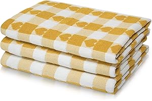 Kitchen Trends Woven Tea Towels 3pk Large 50 x 70cms Super Absorbent Hearts 100% Cotton (Ochre/Yellow)