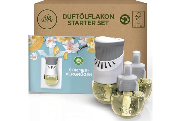 Air Wick doftplugg – startset med 3 x påfyllning – rumsdoft sommarnöje lila – 1 x enhet och 3 x 20 ml olja