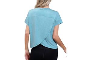 Missufe Damska koszulka sportowa z krótkim rękawem, do jogi, na lato, okrągły dekolt, otwarty tył, fitness