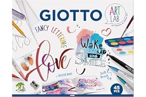 GIOTTO - Art Lab: Fancy Lettering - Kit Creativo per Scrittura - 1 Blocco Canson per Lettering + 10 Pennarelli a Pennello Turbo Brush + 12 Acquerelli Giotto Mini + 1 Giotto Happy Gomma