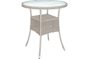 CASARIA® Round Coffee Table | Garden Table With Frosted Safety Glass Plate | Poly Rattan Outdoor Side Table | Weatherproof Patio Furniture | Balcony Bistro Cafe | 60cm | Beige