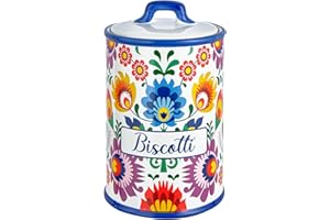 Baroni Home Biscottiera Decorata in Ceramica con Coperchio Ermetico, Accessorio da Cucina Colorato Resistente, Linea Flora, 13x13x20 cm