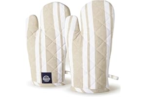 ENCASA XO Encasa Homes Long Guantes de Mano para Microondas para Horno (2 pcs Set) para Cocinar y Hornear en la Cocina - Resistente al Calor, Grueso y Seguro - Franca Beige Rayas