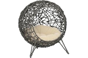 PawHut Panier Chat lit surélevé Chat Cosy Niche Grotte Grand Confort dim. Ø 52 x 58H cm Coussin Moelleux Inclus résine tressée Imitation rotin Gris