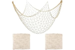 QUILAX 2 Pcs Fish Net Decorations, 2×1 M Cotton Fishing Net Decor, Hawaiian Nautical Themed Fish Netting Decor for Bedroom, Bathroom Hanging and Party Decoration