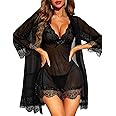 RSLOVE Women Sexy Lingerie Set 3 Piece Babydoll & Lace Kimono Robe Strap Chemise Sleepwear Mesh Nightgown