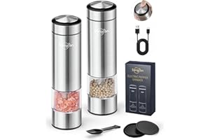 Sangcon Set macina sale e pepe elettrico ricaricabile via USB - Macinino automatico per pepe nero e sale marino nero con grana regolabile - Funzionamento con una sola mano - Luce LED