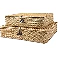 Lxeqiony Shelf Baskets with Lids Wicker Storage Baskets for Shelves Organizing Natural Seagrass Rattan Woven Organizer Boxes Boho Home Decor Set of 2 (Natural)