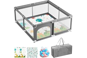 JUPPLIES Parque Infantil Bebe 120x120cm + Alfombra Bebe + 50 Bolas + Bolsas de Transporte – Corralito Bebe con Malla Transpirable – Parque de Juegos Bebe – Playpen Bebe - (Gris)
