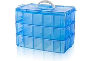 Daletu Boite de Rangement avec Compartiment, Boite de Tri 30 Compartiment pour Lego, Puzzle, Bijoux, Couture, Loisirs Créatifs, Trois Couches, 10 Compartiments Chacune, Transparent, Bleu