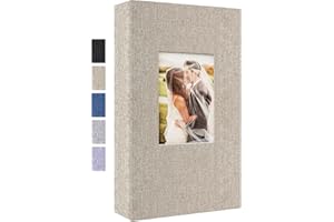 WOODFIB Álbum de fotos, 300 bolsillos para fotos de 6 x 4, álbum de lino con páginas negras de 10 x 15 cm, adecuado para aniversarios de boda, fiestas, regalos de cumpleaños (beige)