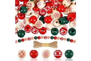 YUYWWAN 120 Piezas Cuentas de Madera Navideñas, 16mm Abalorios Madera Navidad Colores con Cuerda de Cáñamo, Bolas Madere Manualidades Redondas para Adornos de Navidad (Color-C)