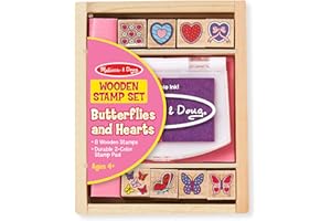 Melissa & Doug Juego de sellos de madera, Corazones y mariposas, 8 sellos y una almohadilla para estampar, Juguete creativo de madera, Regalo para niños y niñas de 3 4 5 6 7 Años