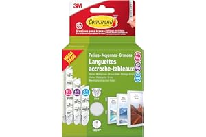 Command Languettes Accroches Tableaux, Multi-Pack, 8 Paires de Grandes, 6 Paires de Moyennes, 4 Paires de Petites Bandes Adhésives, Blanches - Fixation sans Dommage