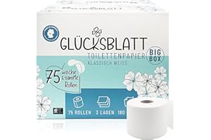 ‎GLÜCKSBLATT Glücksblatt Toilettenpapier Box, 3-lagig, 75 Rollen x 180 Blatt, 100% Zellstoff, Großpackung, superweiches Klopapier, WC Papier, wiederverwendbarer Vorratskarton