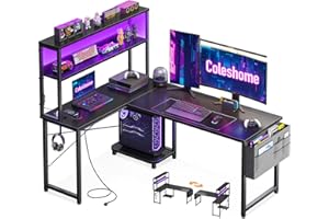 Coleshome Bureau Gaming Angle avec LED et Prises, 135 × 100 cm Bureau Gaming Réversible avec Étagères, Table en L avec Sac de Rangement et Crochet pour Le Travail à Domicile et Gaming, Noir