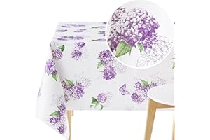 KP HOME Wodoodporny obrus z PCW, prostokątny, 200 x 140 cm, obrus z woskiem z hortensji, zmywalny, plastikowy, zmywalny, do jadalni, biały, z fioletowym