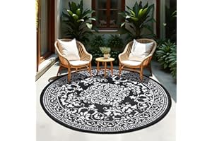 ‎TUKDAK TUKDAK Black Round Outdoor Rug, Weatherproof, 180 cm, Reversible Outdoor Rug, Plastic Rug, Waterproof Outdoor Rug, UV-Resistant Camping Mat for Balcony, Patio, Garden, RV, Picnic