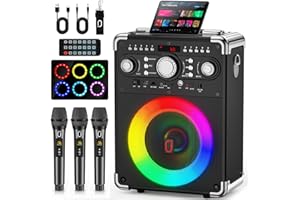 HWWR Karaoke Machine with 3 Microphones, Bluetooth Speaker with Echo Adjustment for Adults, Portable Machine Support TWS, USB, TF Card, Guitar, TV Connected for Outdoor, Events & Party