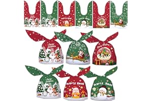 SEDEX Lot de 60 petits sacs de Noël, 6 motifs d'oreilles de lapin, sacs à bonbons de Noël, bonbons, biscuits, nougat, sacs d'emballage croustillants pour Noël, fête de mariage, anniversaire,
