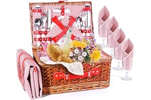 Cesta Picnic 4 Personas, Couleeur Set de Picnic de Mimbre con Manta de Picnic Impermeable y Juego de Cubiertos, Cesta de Picnic para Camping,Rosa