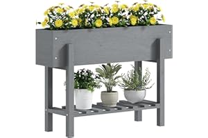 Outsunny Wooden Raised Garden Bed, Elevated Planter Box with Bed Liner, Drainage Holes and Storage Shelf, Raised Planter for Vegetables, Flowers, Herbs, 100 x 30 x 71 cm, Grey