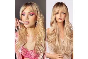 ‎ESMEE Esmee 24 Zoll Lange Ombre Hellblonde Perücke mit Pony für Frauen Synthetisches Haar Perücken mit Dunklen Wurzeln Natürliche Welle hitzebeständig Haar Perücken für Tägliche Party Cosplay Verwenden