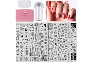 EBANKU 6 pezzi Set di Nail Art Stamping Stampini, Piatti per Timbri per Unghie Renna Fiocco di Neve Albero di Natale Disegni Manicure con 1 Timbro + 1 Raschietto + 1Borsa Portaoggetti