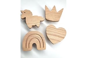 PLT - Maniglie per mobili per bambini, in legno di quercia non trattato, pomello, universale, cassettiera, armadio, cassetto, porta, cameretta bambini, 4, motivo unicorno, cuore, arcobaleno, corona