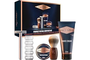 King C. Gillette Men's Optimal Heritage Ritual Kit per Barba Profumata, Cofanetto Regalo Uomo, Rasoio Di Sicurezza Barba Manuale, 5 Lamette King C. Gillette, Pennello Da Barbiere, Crema e Ammorbidente