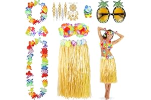 YAOYIN 9 Stück Hawaii Party Kostüme Set, Hawaii Kostüm Damen, Hula Rock Haarblume Blumenkette Ananas Sonnenbrille Blume-Armbänder Blumen-BH klebetattoos, Faschingskostüme Damen für Beachparty Deko