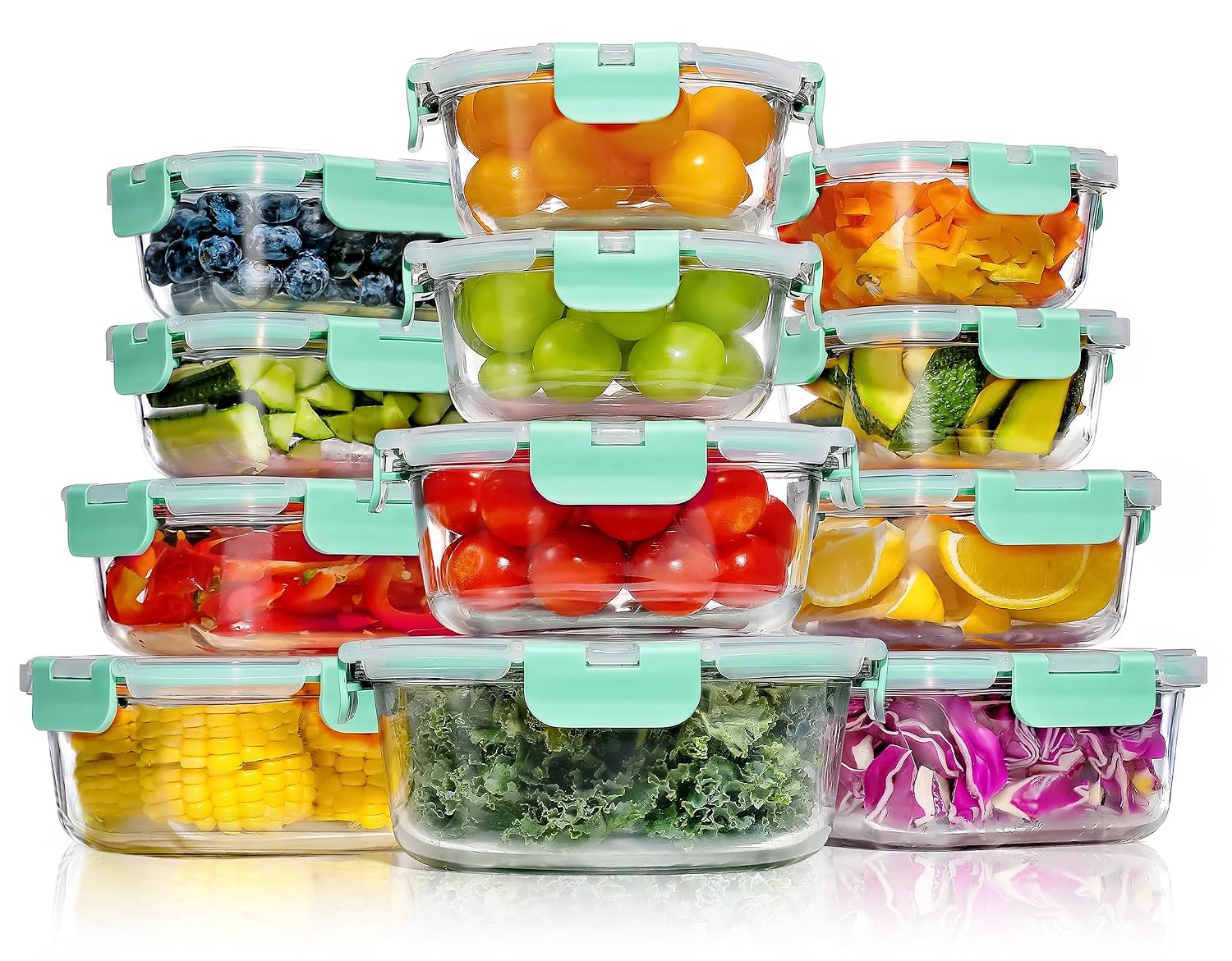 YASHE Set 12 Contenitori Vetro per Alimenti con Coperchi Ermetici, Senza BPA, Adatti a Microonde, Forno, Frigo e Congelatore, per Meal Prep, Verde