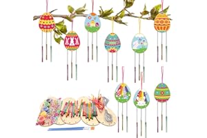 HONMOK 9 Kits Colorer Carillon Vent Oeuf Gravé en Bois avec Pinceaux et Peinture pour Enfants Loisirs Créatifs Pâques Activité Groupe DIY Déco Suspendu
