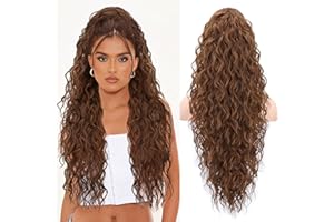 PORSMEER 30inch Long Brown Curly Wavy Drawstring Ponytail Extension Clip in Pony Hair Extension Natural Synthetic Hair Pony Tail Hairpiece for Women,Medium Brown