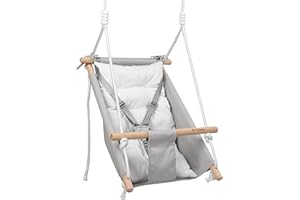 ‎TULANO Tulano Hop 40 Babyschaukel 3in1, Federwiege und Babywippe aus Baumwolle und Holz, Hängewiege ab 6 Monaten, sicher gepolstert, bis 60 kg belastbar, Kinderschaukel für drinnen und draußen, Grau