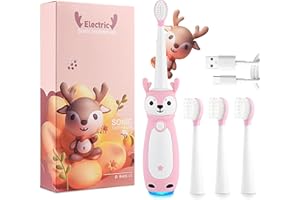 Vekkia Kids Electric Toothbrush for Age 3+, Toddler Electric Toothbrush with Deer Shape and 2-Min Brushing Timer, 3 Memory Modes with LED Light, 4 Soft Bristles(Pink)