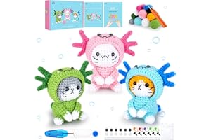 FORTUNING'S JDS Axolotl Crochet Kit for Beginners with Video, Cat Crochet Kit Cosplay Axolotl Animal Knitting Kit Crocheted Animal Kits Complete Kitten Crochet Starter Animals Cosplay Set Beginners Crocheted Cat Kit