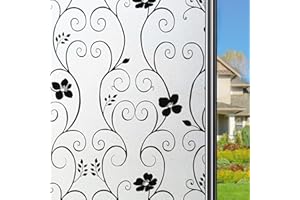Qualsen Privacy Window Film - Frosted Flower Pattern, Stained Glass Decorative Sticker, Static Cling, 30 x 200 cm, P014B