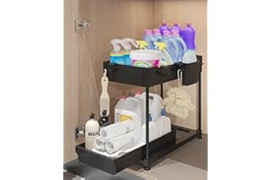 Dazhqp Unter Waschbecken Regal, 2 Etagen Gleiten Unterwaschbeckenschrank Organizer, Spülenunterschrank Organizer und Putzmittel Organizer, Küchen Organizer, Küchenschrank Organizer mit1 Tasse 6 Haken