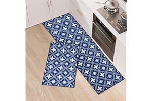 LY4U 2 PCS Non-slip Runner Rugs, Water Absorbent, Durable, Blue, 43x75+43x120cm for Kitchen, Laundry, Bedroom