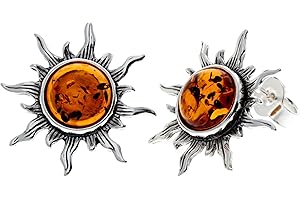 SilverAmber Jewellery UK - Srebro próby 925 z bursztynem bałtyckim - Kolczyki owalne w kształcie gwiazd i słońca - 8222
