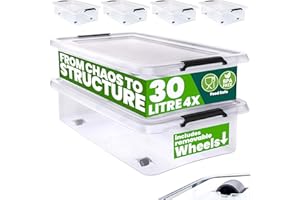 Deuba® 4x 30 Litre Plastic Rolling Storage Boxes with Lid | 30L Stackable Clear BPA-Free Container | Smooth Running Wheels | Handle | Really Useful Multi-Purpose Clip Lock Home Organiser