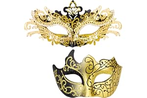 MYSEUNI Couple Mask Masks - Shiny Rhinestone Metal Filigree Venetian Mask and Venetian Men Mask for Carnival