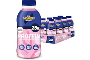 For Goodness Shakes Strawberry Protein Shakes, High Protein Fat-Free Ready-To-Drink, 25g Protein, Vitamin D & B12, No Added Sugar, Low Calorie, Breakfast or Pre & Post Workout, 8 x 435ml