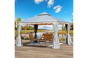 Erommy 10' x 12' Outdoor Canopy Gazebo, Double Roof Patio Gazebo Steel Frame with Netting and Shade Curtains for Garden, Patio, Party Canopy, Grey