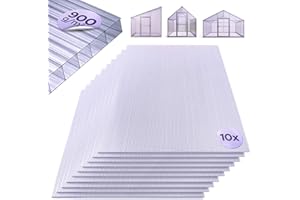 Arebos Plaques alvéolaires, jeu de 10 | 121 x 60,5 cm | Plaques en polycarbonate de 6 mm d'épaisseur | Résistantes aux UV | 900 g/m² | Transparentes | pour serre, abri de voiture, châssis de couche