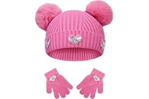 QKURT Kids Hat and Gloves Set, Girls Winter Warm Knitted Magic Gloves Heart Mittens Bobble Hat for Children 2-5 Years Old